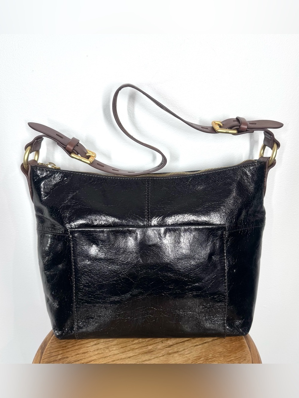 HOBO Charlie Black Leather Shoulder Bag Brown Strap Gold Hardware